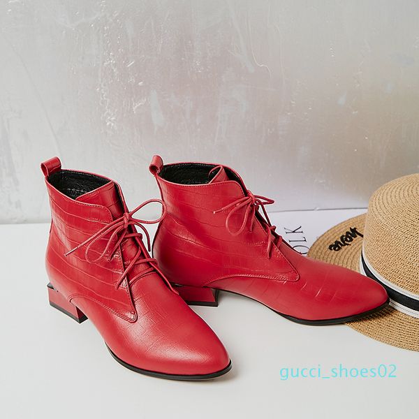 

women genuine leather lace-up flats ankle pointed toe autumn warm plush short marint shoes for women g02, Black