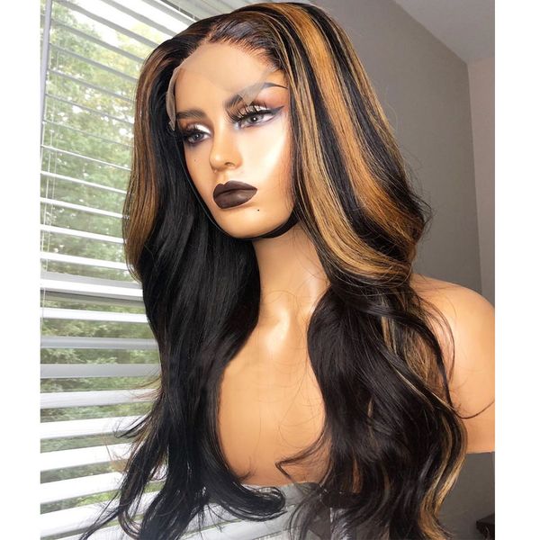 

26inch wavy peruvian full lace hilghlights 360 lace frontal human hair wigs with bleached knots glueless 13x6 lace front wigs for women, Black