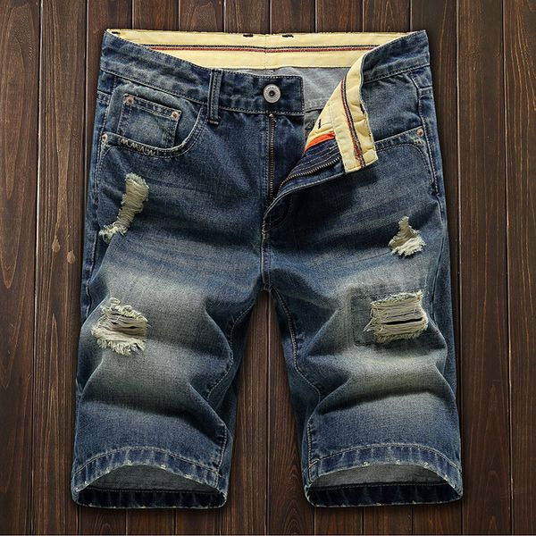 

New Summer Mens Jeans Ripped Denim Shorts Fashion Distressed Short Holes Jeans For Male Slim Fit Cotton Washed Blue Size 28-38