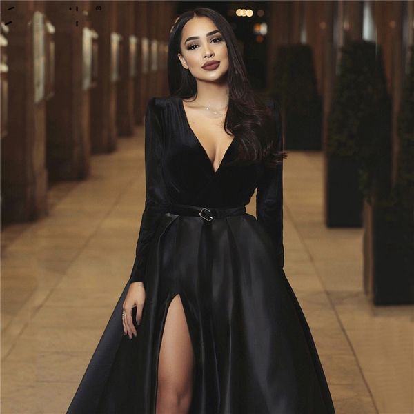 

black velvet evening dresses long sleeves deep v neck simple burgundy prom gowns 2019 custom made party wear, Black;red