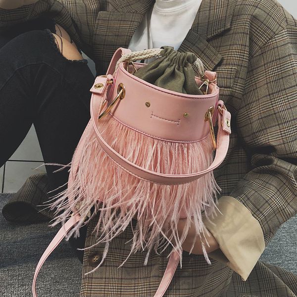 

Sweet Lady Tote Bags Drawstring Bucket Bag 2019 New Quality Pu Leather Women's Designer Handbag Feather Shoulder Messenger Bag