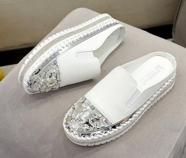 

leather women crystal shoes ladies slippers low heel outdoor slippers slides summer sandals, Black