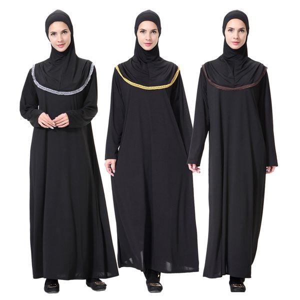 

women black robe muslim abaya dubai arabic eid worship service ramadan wear islamic solid clothing elegant prayer dress, Red