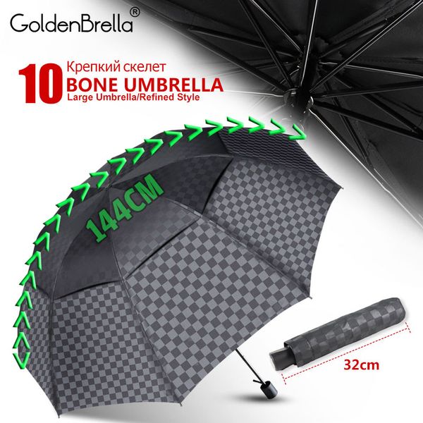 

144cm double layer dark grid umbrella rain women men 4folding 10ribs windproof business family umbrella sun parasol