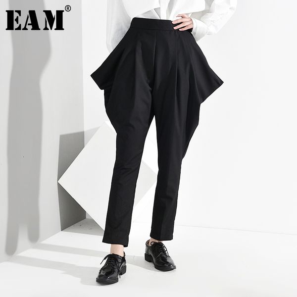 

eam] high waist black asymmetrical split long trousers new loose fit pants women fashion tide spring autumn 2020 1h29401, Black;white