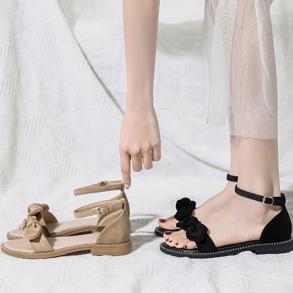 

faux suede women rome sandals women summer shoes open toe flat heel ankle buckle rivet bowtie sandal causal beach sandals, Black