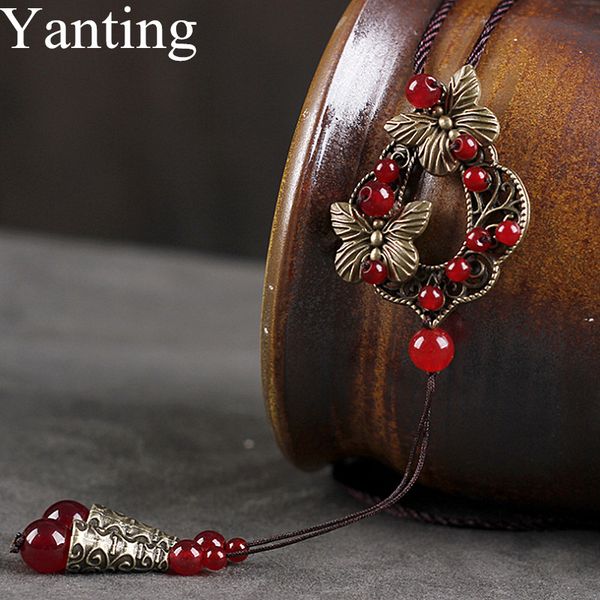 

yanting vintage бронзовый сплав цветок ожерелье для женщин красный халцедон камень ожерелье цепь свитера 087, Silver