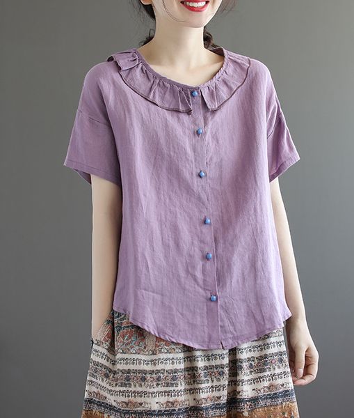 

summer new literature and art vintage cotton round neck half sleeve shirt female loose solid color shirt 3951, White