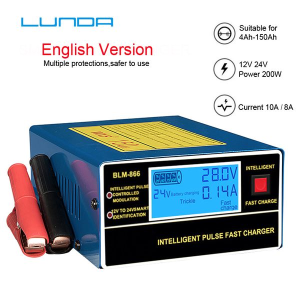 

english lcd display full automatic car battery charger 150v/250v to 12v 24v smart fast power charging for wet dry lead acid