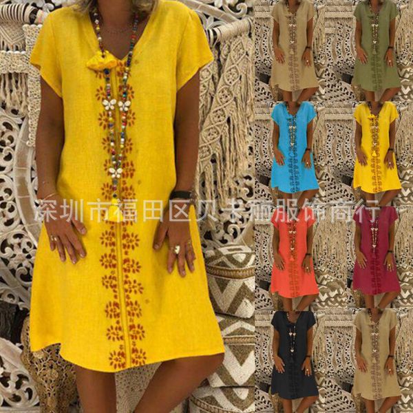 

casual dresses 7 colors women v-neck printing dress loose short sleeve summer fashion temperament, Black;gray