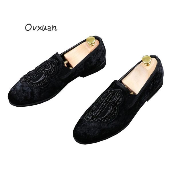 

ovxuan all black men casual loafers velvet shoes british style wedding prom evening dress shoes male trending smoking slippers
