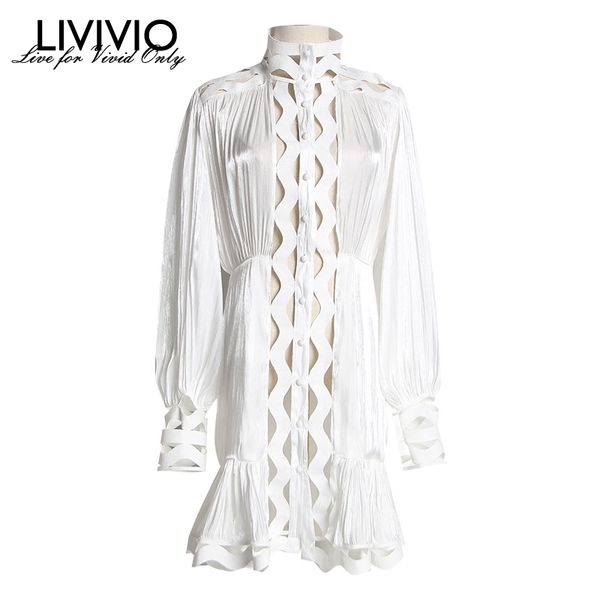 

livivio] long lantern sleeve stand collar elastic waisted bodycon ruffle hem mini dress women 2019 autumn fashion clothing, Black;gray
