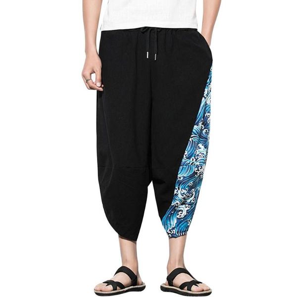 

missky men casual pants thin sea wave printing drawstring trousers cotton blend male trousers new summer, Black