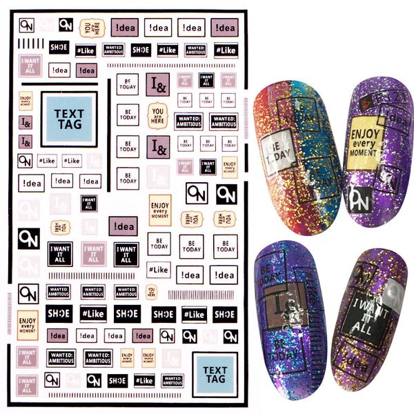 

1 sheet mixed english phrase patterns 3d nail stickers letters self-adhesive transfer decals 3d nail art decorations, Black