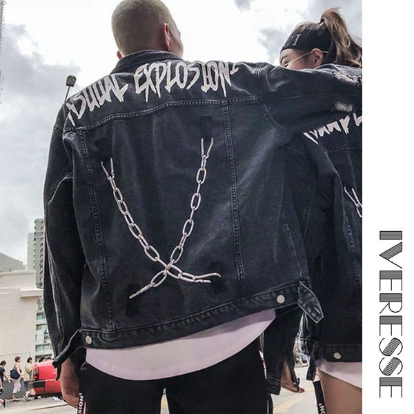 

кольцевые цепи ретро письмо пары пальто куртки мужской деним повседневный hip hop багги верхняя одежда streetwear jean для мужчин bomber coa, Black;brown