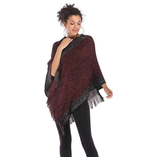 

women's shawl autumn winter color matching word collar tassel cape shawl bat sleeve knit jacket, Blue;gray