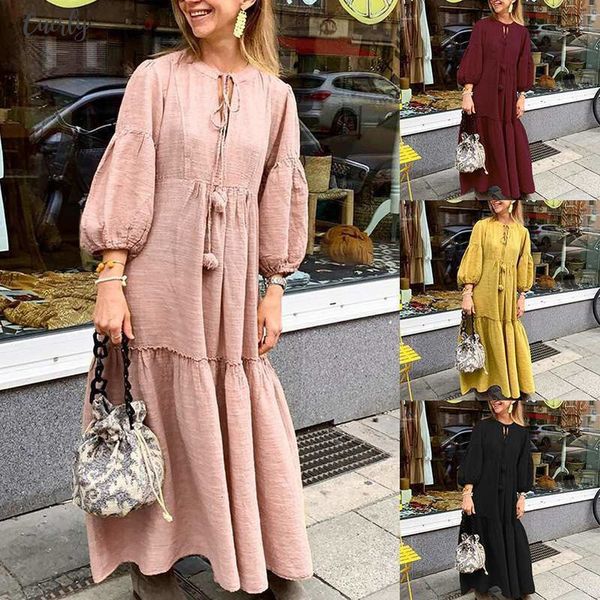 

elegant puff sleeve maxi dress womens autumn sundress 2020 casual ruffle long vestidos long sleeve female solid party robe femme 5xl, Black;gray