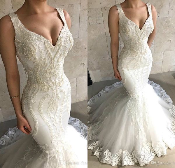 

lace pearls 2019 mermaid wedding dresses luxurious v neck feather country bridal dresses vintage beach wedding gowns, White