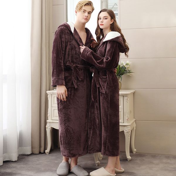 

men winter warm thicken extra long hooded coral fleece bathrobe kimono flannel bath robe night dressing gown women sleepwear, Black;brown