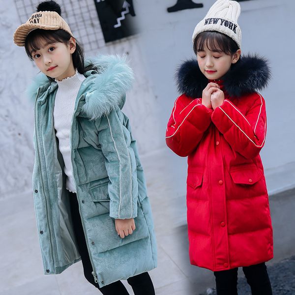 

girl winter jackets white duck down coat children fur warm parka student thick hooded long velvet outerwear kids windbreaker, Blue;gray
