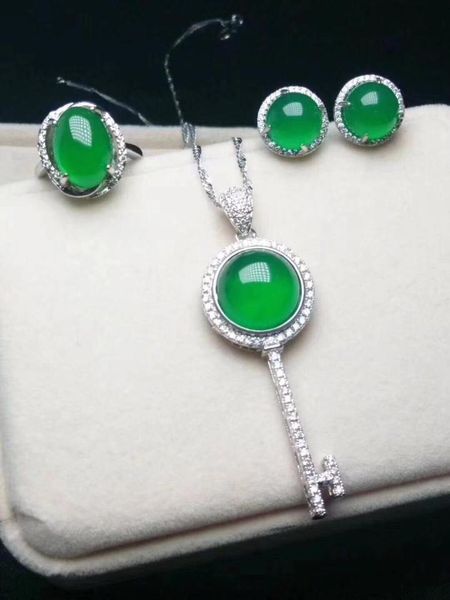 

аутентичные 925 серебряные инкрустированные натуральный зеленый нефрит кулон ожерелье серьги набор женская мода ключ тип нефрита, Black