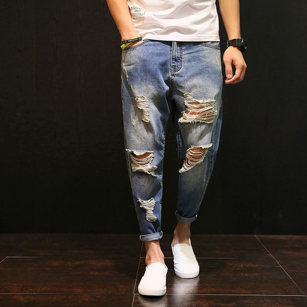 

new summer jeans men's harem pants jeans fashion casual washed ripped distressed holes denim trousers ninth pants sa-8, Blue