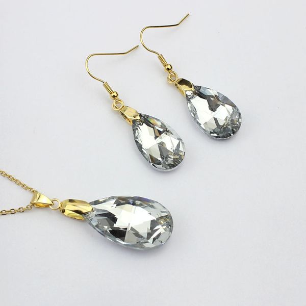 

lycoon stainless steel plate gold color crystal plated silver bling water drop pendant necklace earrings jewelry sets for women