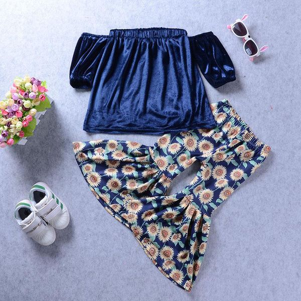 New Baby Girl Off Shoulder Velvet Top + Sunflower Bellbottoms 2 pezzi set Oufit Kids Girls Abbigliamento Toddler Fashion Boutique Costume