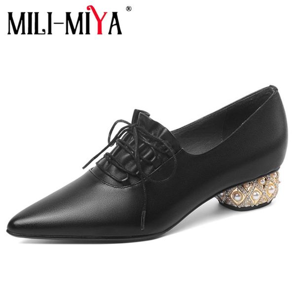 

dress shoes mili-miya women lace-up pumps pointed toe ruffles round heels crystal party solid color large size 34-42 handmade, Black
