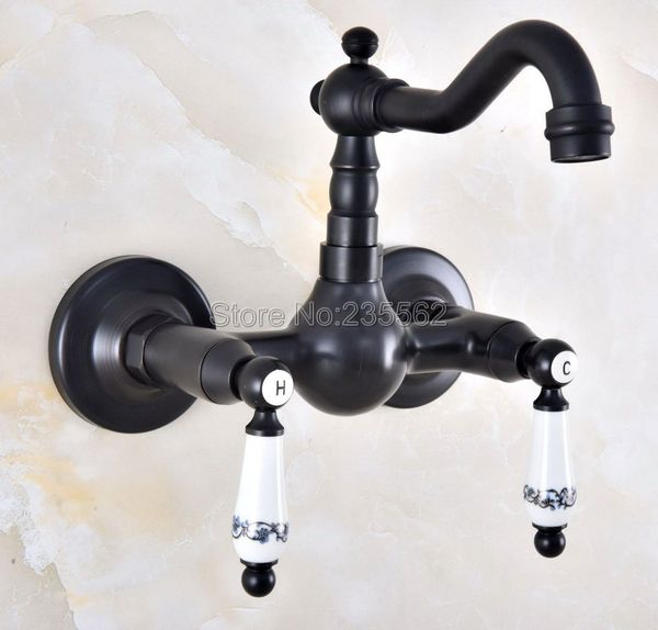 

oil rubbed black bronze kitchen sink faucet wall mounted double handle bathroom basin mixer tap cold and lnf867