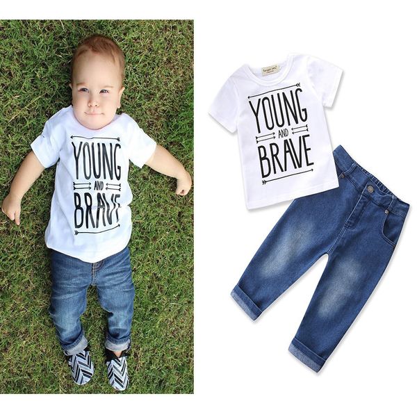 

brand new newborn toddler infant kid baby boy clothes set short sleeve t shirts tee denim pants 2pcs outfit casual sets, White