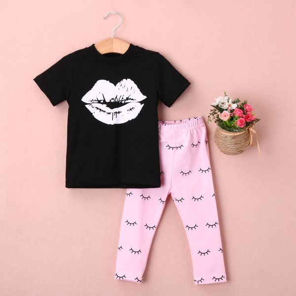 

2pcs baby set newborn infant kids baby girls clothes set big lip black t-shirt +pink eyelash pant outfits clothes set 0-4y, White