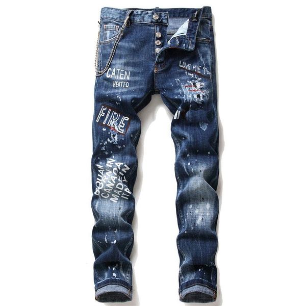 

unique mens printed slim fit jeans fashion designer letters doodles skinny washed frayed motocycle denim pants hip hop biker trousers 1065, Blue
