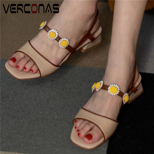 

verconas women flowers thick heel classic design shallow square toe genuine leather buckle sandals thick heels shoes woman, Black