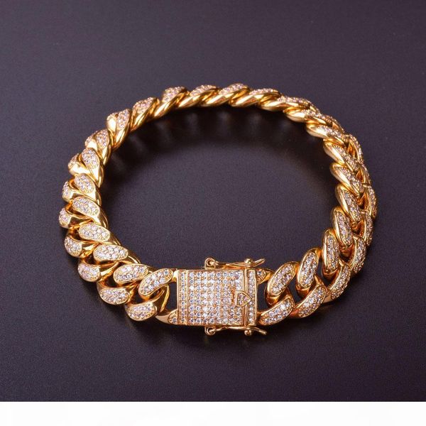 

12mm 6 7 8 9 10inches miami cuban link bracelet men thick heavy copper material gold silver rosegold cz chain bracelets, Black