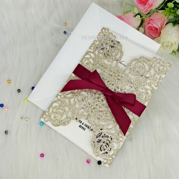 

Champagne glitter la er cut invitation card with ribbon for wedding bridal hower quinceanera weet 15 birthday graduation party invite