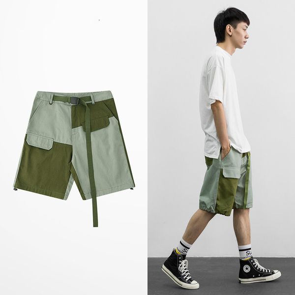 

hip hop patchwork pockets casual shorts tide green color streetwear cargo shorts men skateboard waistband jogger shorts, White;black
