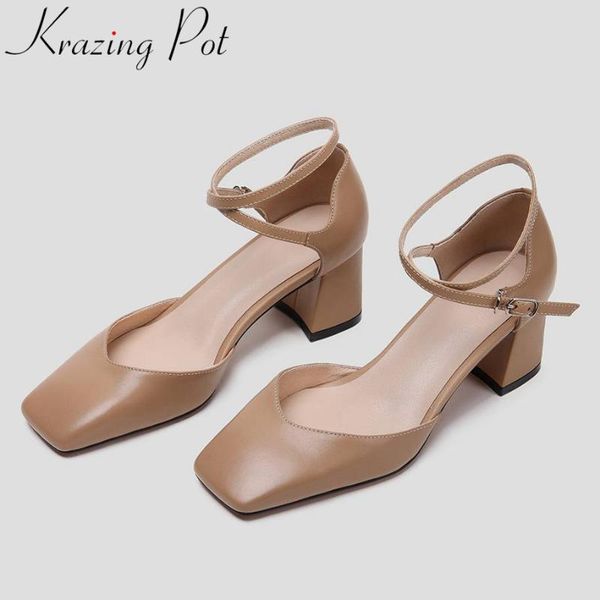 

selling genuine leather buckle strap square toe hollow women pumps square toe thick high heels office lady dress shoes l17, Black