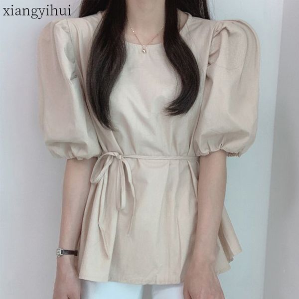 

повседневный o-шея puff рукав женщина хаки блуза новых корейский стиль мода свободных рубашки с коротким рукавом летом черной шнуровка рубаш, White