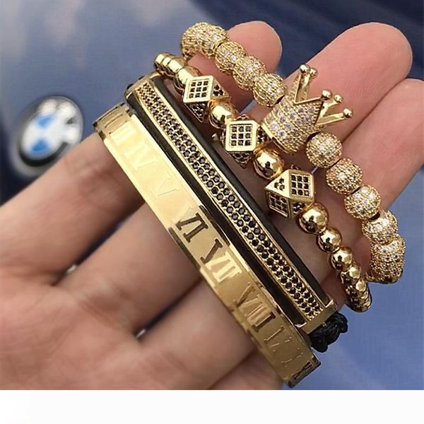 

4pcs set classical handmade braiding bracelet gold hip hop men pave cz zircon crown roman numeral bracelet luxury jewelry j190625, Golden;silver