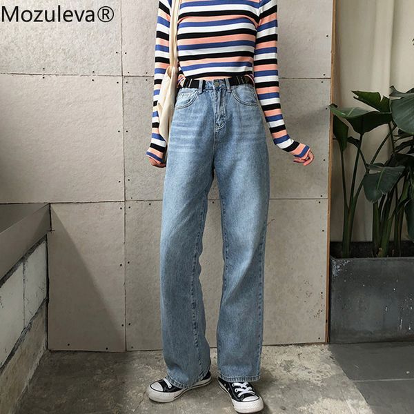 

mozuleva 2019 women jean pant streetwear loose high waist vintage straight wide leg jeans all-match belted long women denim jean, Blue
