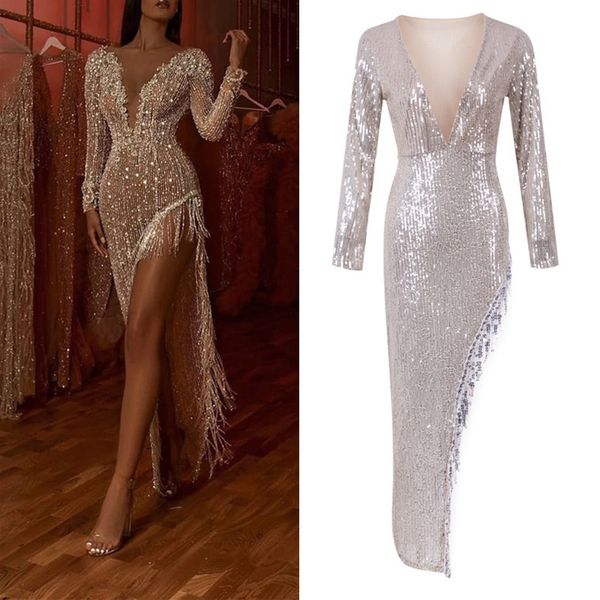 

2020 explosion sequin dress tassel bead long sleeve irregular sequined dress women dresses woman party night elegant, Black;gray