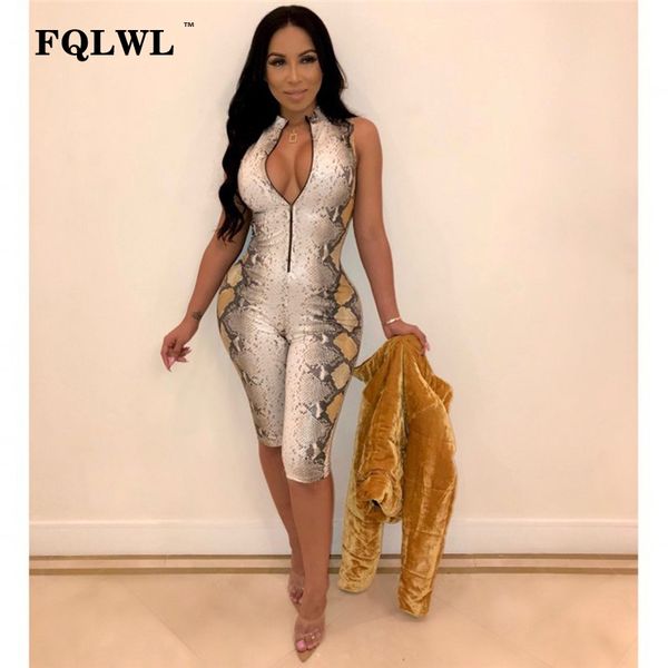 

women's jumpsuits & rompers streetwear snake print bodycon jumpsuit women playsuit zipper sleeveless v neck summer womens short, Black;white
