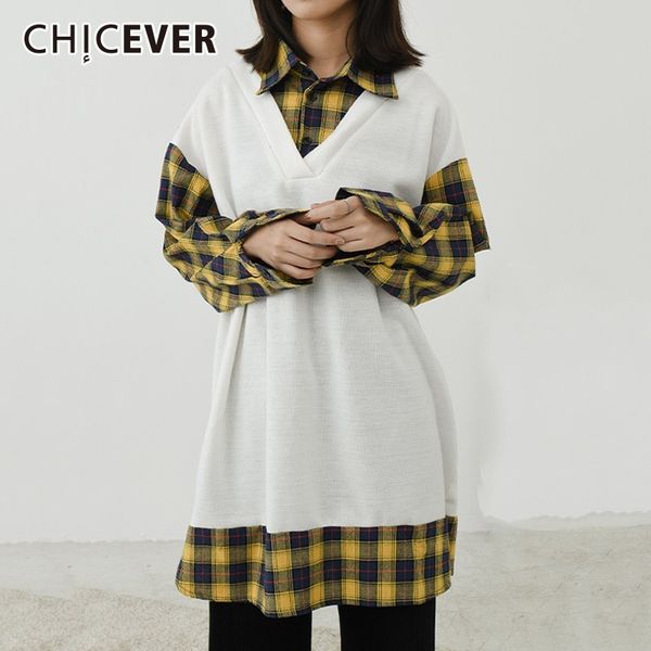 

chicever patchwork plaid sweatshirt for women lapel long sleeve hit colors loose pullovers female fashion clothes new, Black