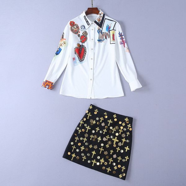 

2019 new madonna beading rhinestone long sleeve shirt and for womens fashion and embroidery hip skirts 2 pieces sets 121302, White