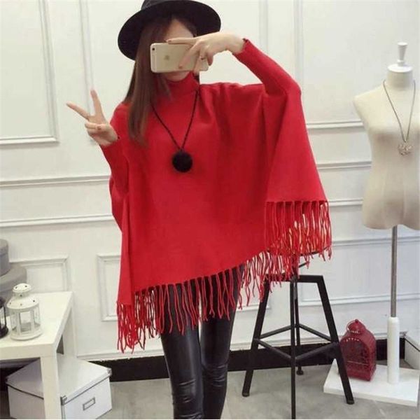 

2019 autumn winter women tassel turtleneck loose knit poncho female soft warm batwing sleeve shawl lady pullover sweater k154, Black