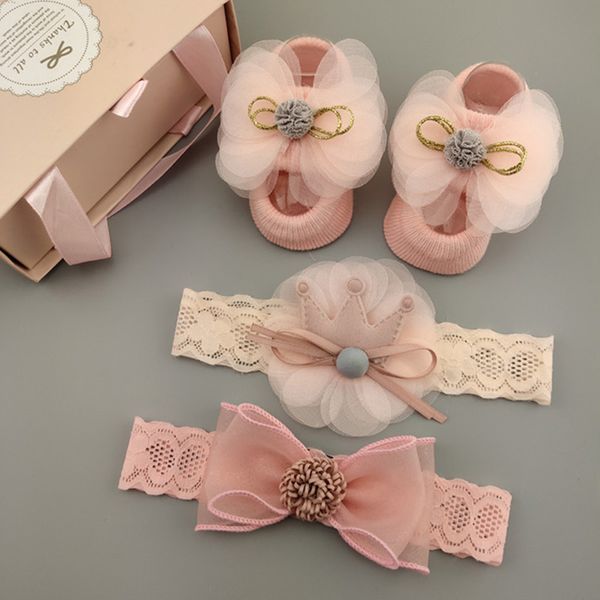 

3pcs/set lace flower baby girl headband socks set crown bows newborn hairband headbands for girls turban baby hair accessories, Slivery;white