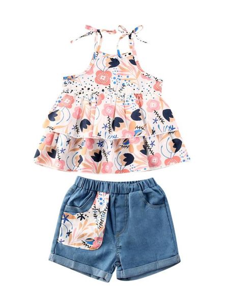 

kid infant baby girls outfits 2 piece set 2020 summer fashion casual print sling + denim shorts suit 1-4year, White