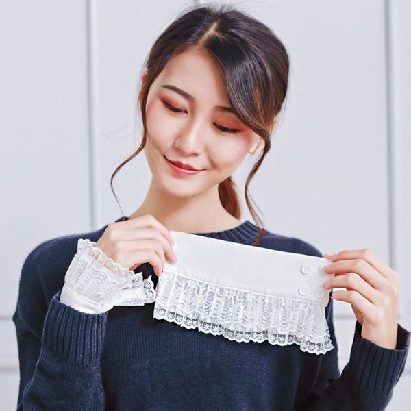 

women girls decorative chiffon fake flare sleeves floral lace pleated ruched false cuffs apparel wrist warmers with four button, Blue;gray