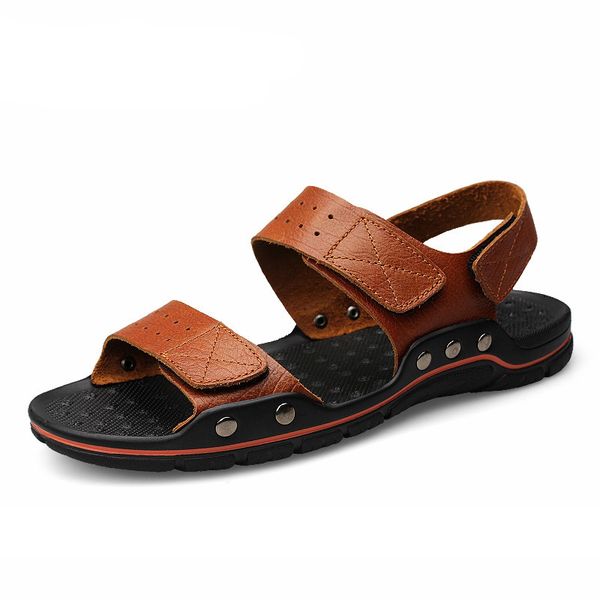 

big size men leather sandals fashion breathable male leather sandal summer men beach shoes beach sandals slippers, Black